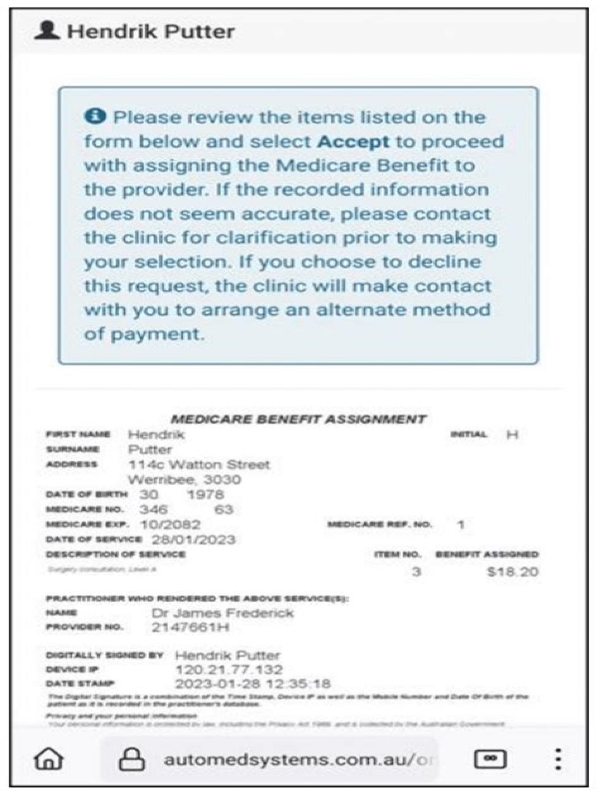 accept assignment of benefits