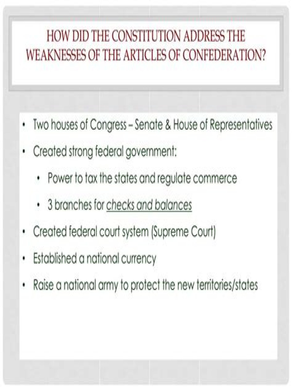 how did the constitution address the weaknesses of the articles of confederation