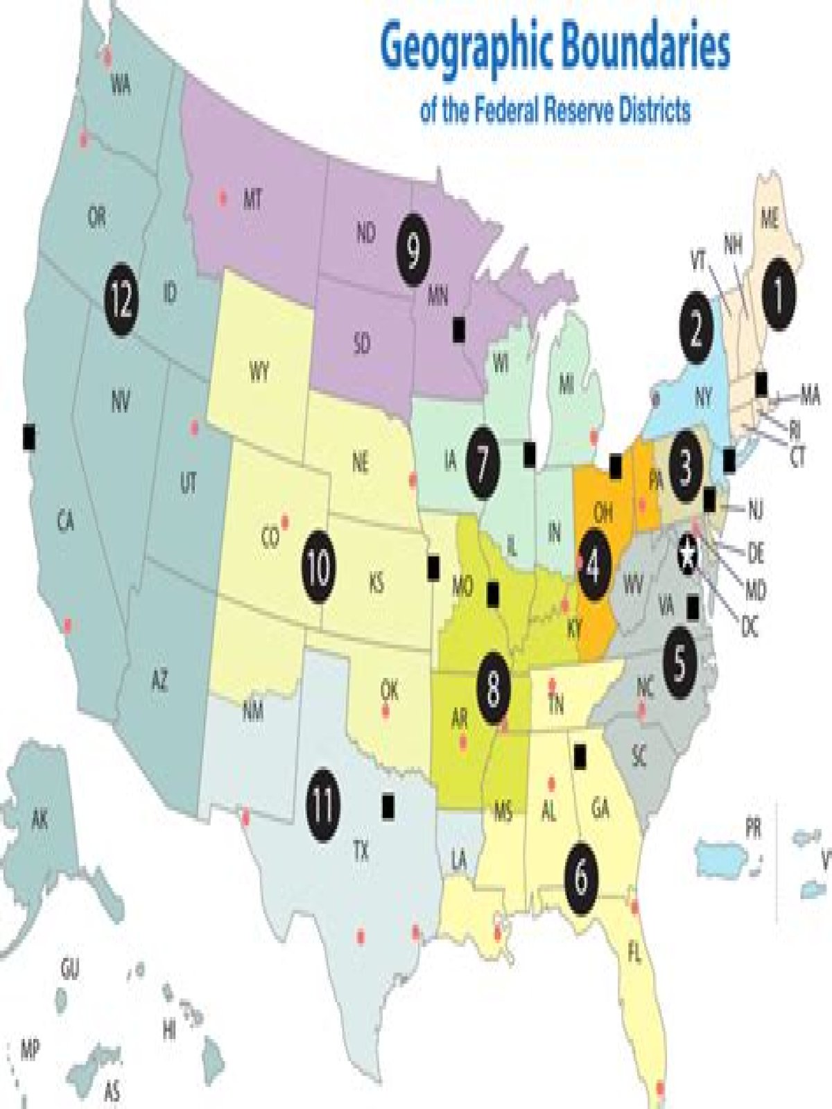 What are six 6 Federal Reserve Bank locations?