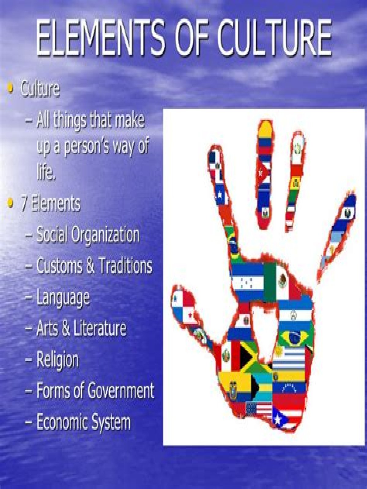What are the 8 elements of culture?