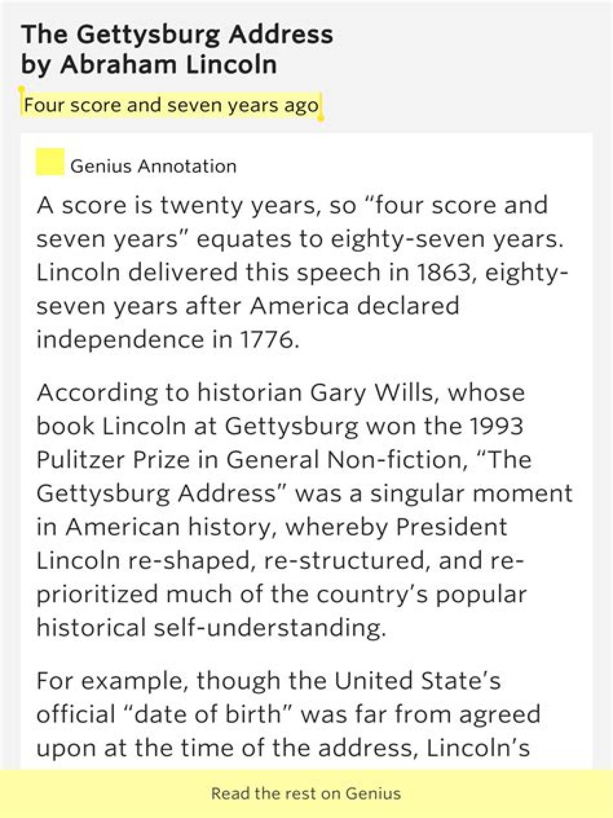 what is 4 score and 7 years ago mean