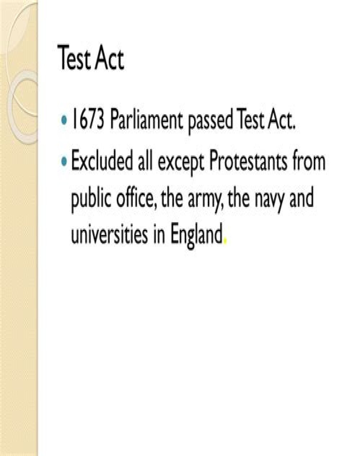 why did parliament pass the test act of 1673